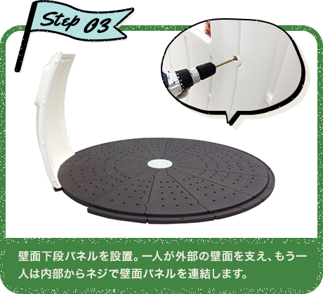 Step03 壁面下段パネルを設置。一人が外部の壁面を支え、もう一人は内部からネジで壁面パネルを連結します。