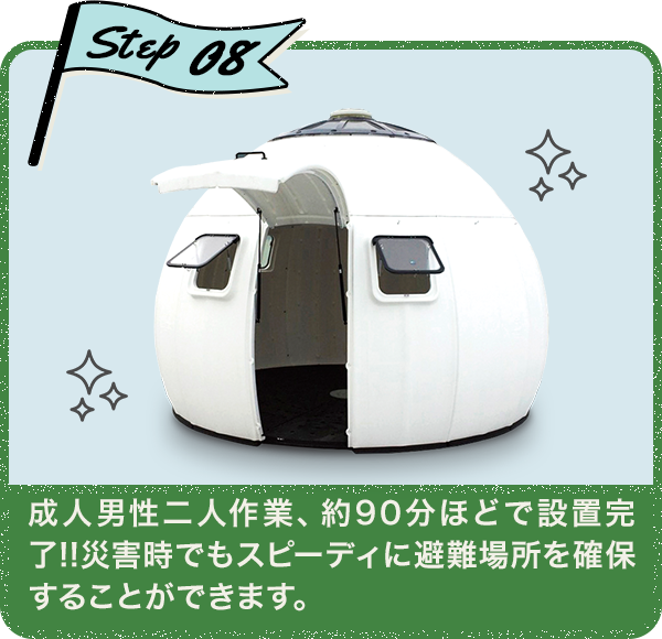 Step08 成人男性二人作業、約90分ほどで設置完了!!災害時でもスピーディに避難場所を確保することができます。